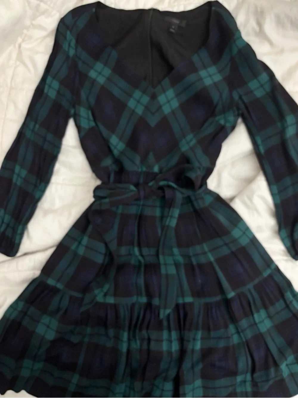 NWOT J. Crew Long Sleeve Tartan Blue Green Plaid Drapey Pleated Dress Size 6